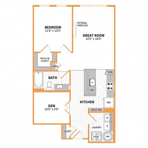 Floor plan for 1 bed, 1 bath, 907 sqft